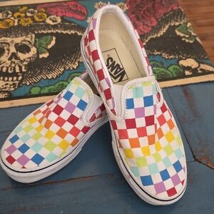 Vans Womens Rainbow Checkerboard Slip-On Sneakers